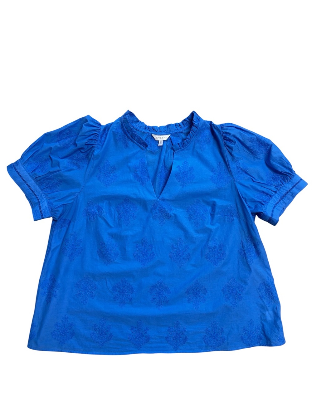 Crown & Ivy Top Blue Embroidered Puff Sleeve Blouse 2X Boho Cottagecore Beach